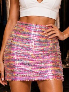 English Factory Skirt Sz M Pink Rainbow Iridescent Sequin Mini Party Club NWT